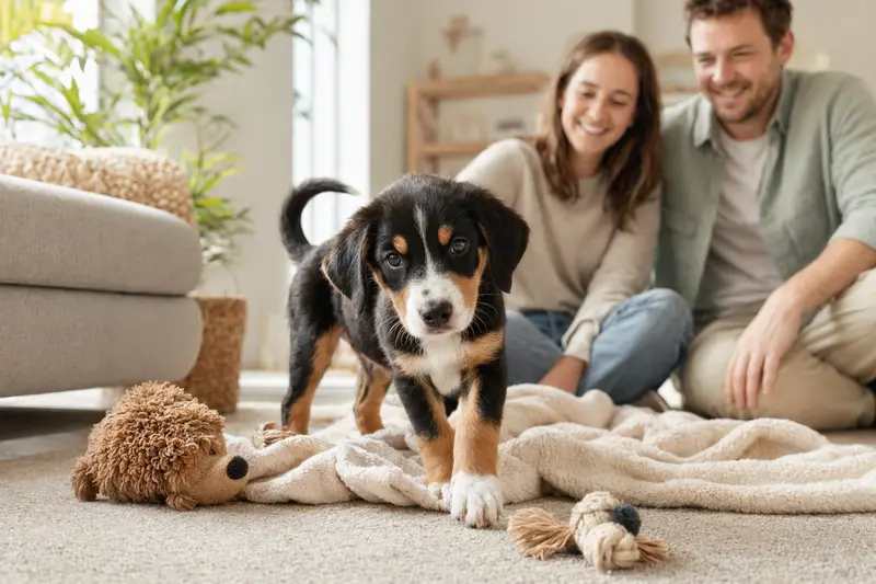 Ein neugieriger Berner Laufhund Welpe erkundet sein neues Zuhause auf einer weichen Decke mit Spielzeug im Hintergrund.
