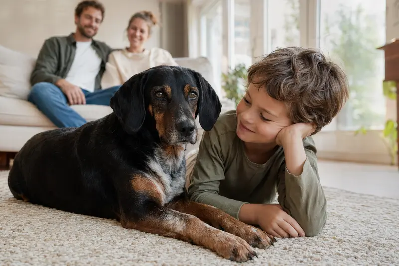 Ein Berner Niederlaufhund liegt entspannt neben einem Kind im Wohnzimmer und schafft eine warmherzige Familienatmosphäre.