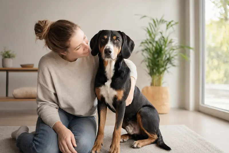 Ein Berner Niederlaufhund steht aufmerksam vor einem hellen Hintergrund und zeigt seine typischen Merkmale.