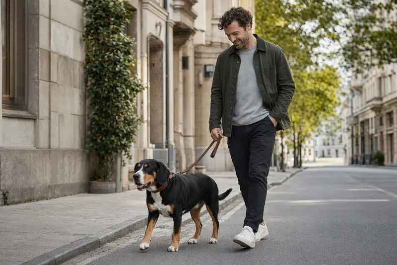 Ein Berner Niederlaufhund läuft an der Leine mit seinem Besitzer durch eine moderne Stadtstraße.