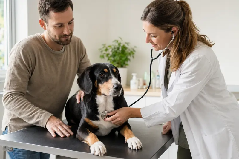 Ein Berner Niederlaufhund wird behutsam von einer Tierärztin mit einem Stethoskop untersucht, während der Besitzer beruhigend daneben steht.