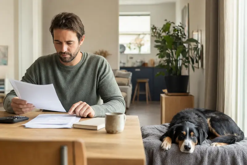 Besitzer sitzt mit Tierarztrechnung am Tisch, während ein entspannter Berner Niederlaufhund auf einer Decke in einer hellen Wohnung liegt.