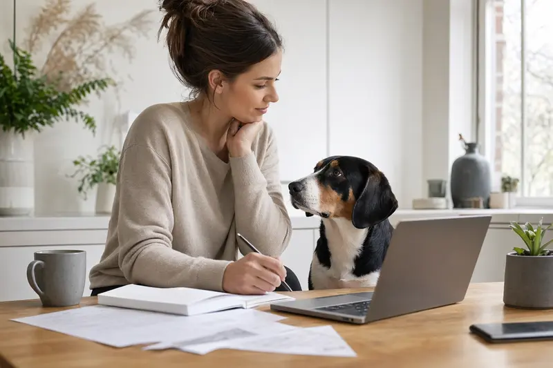 Ein Berner Niederlaufhund sitzt neben seinem Besitzer an einem Küchentisch, auf dem Versicherungsunterlagen und ein Laptop liegen.
