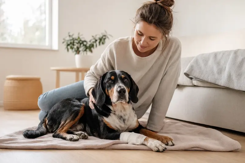 Ein Berner Niederlaufhund entspannt mit Verband an der Pfote auf einer Decke, während sein Besitzer beruhigend neben ihm sitzt.