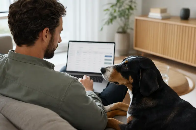 Besitzer mit Laptop auf dem Sofa, neben ihm ein Berner Niederlaufhund in einer hellen Wohnung, der Bildschirm zeigt eine neutrale Versicherungsvergleichsseite.