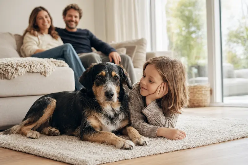 Ein Berner Niederlaufhund liegt entspannt neben einem Kind in einer hellen, sicheren Wohnumgebung.