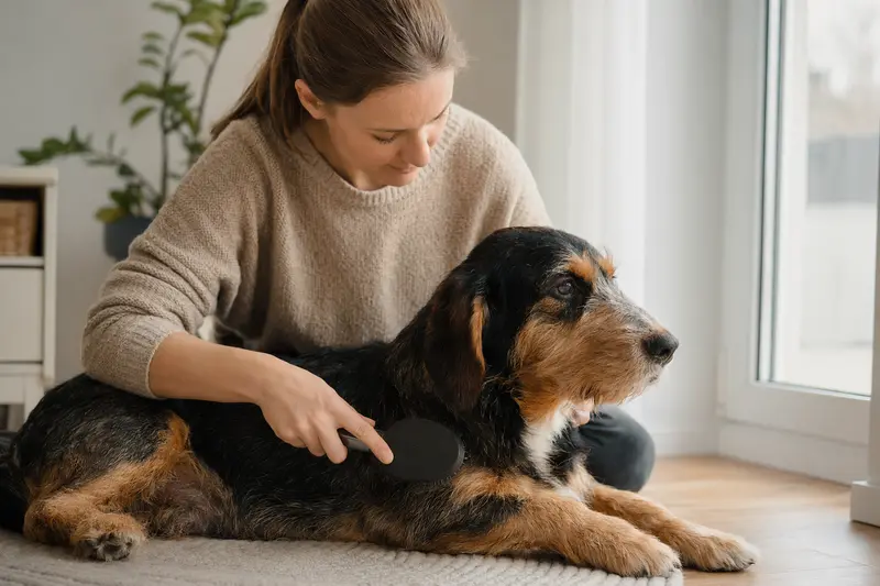 Ein Berner Niederlaufhund Rauhhaar wird liebevoll zuhause gebürstet, was für die Gesundheit und Pflege des Hundes wichtig ist.