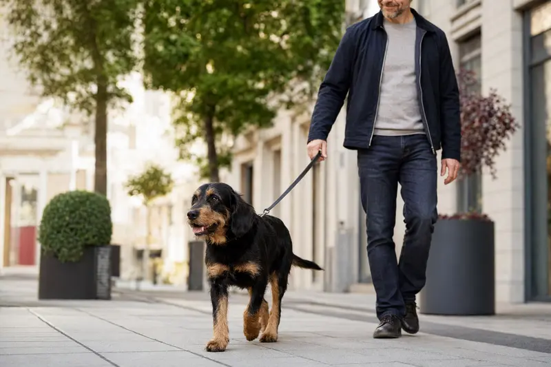 Ein Berner Niederlaufhund Rauhhaar läuft an der Leine mit seinem Besitzer durch eine moderne Stadtstraße.