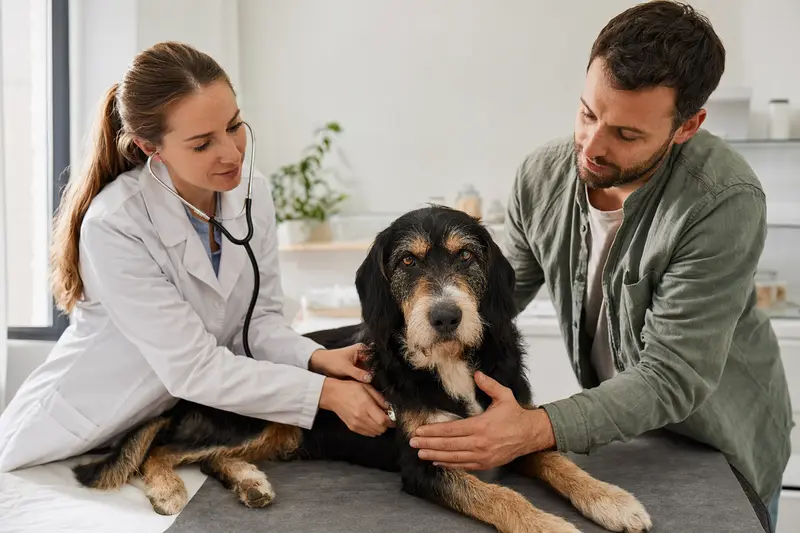 Ein Berner Niederlaufhund wird von einer freundlichen Tierärztin auf einem Untersuchungstisch untersucht.