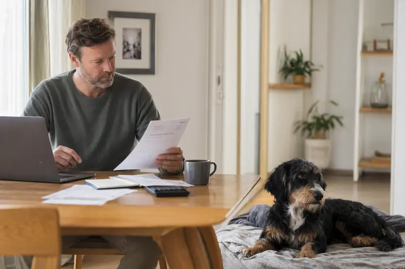 Ein Hundehalter sitzt mit einer Tierarztrechnung am Tisch, während ein entspannter Berner Niederlaufhund Rauhhaar auf einer Decke daneben liegt.