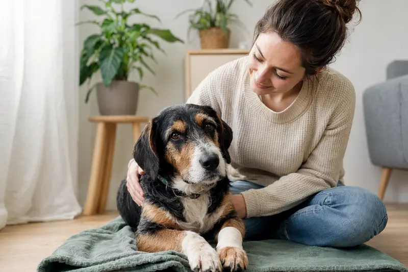 Ein Berner Niederlaufhund Rauhhaar mit Verband an der Pfote liegt entspannt neben seinem Besitzer in einer hellen Wohnung.