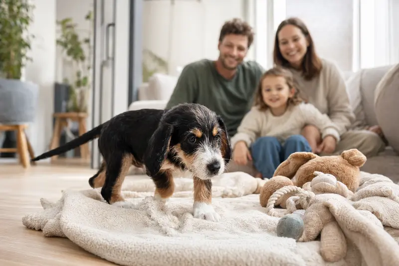 Ein neugieriger Berner Niederlaufhund Welpe entdeckt sein neues Zuhause, umgeben von seiner liebevollen Familie und einem weichen Spielzeug.