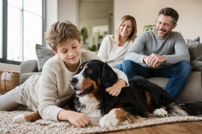 Ein entspannter Berner Sennenhund liegt neben einem Kind im Wohnzimmer, umgeben von einer warmen, familiären Atmosphäre.