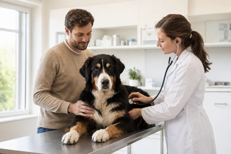 Ein Berner Sennenhund wird behutsam von einer Tierärztin mit Stethoskop in einer modernen Praxis untersucht, während sein Besitzer beruhigend danebensteht.