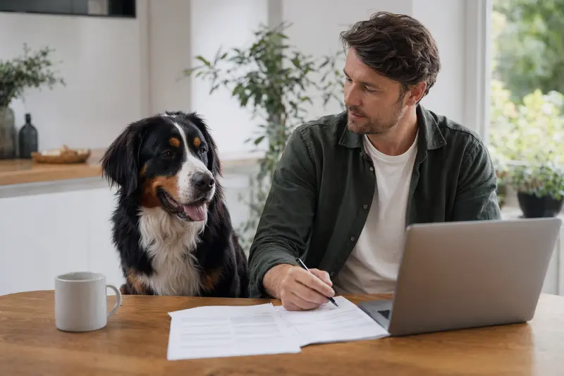 Ein Berner Sennenhund sitzt entspannt neben seinem Besitzer am Küchentisch, auf dem Versicherungsunterlagen und ein Laptop liegen.