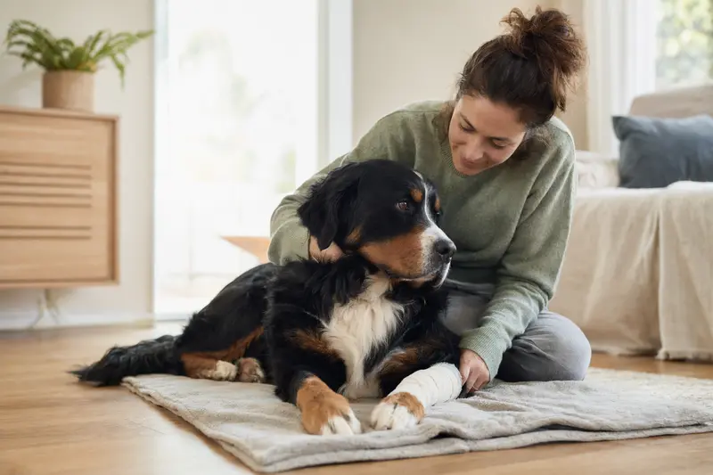 Ein Berner Sennenhund mit einem leichten Verband an der Pfote liegt entspannt auf einer Decke, während sein Besitzer neben ihm sitzt und erleichtert wirkt.