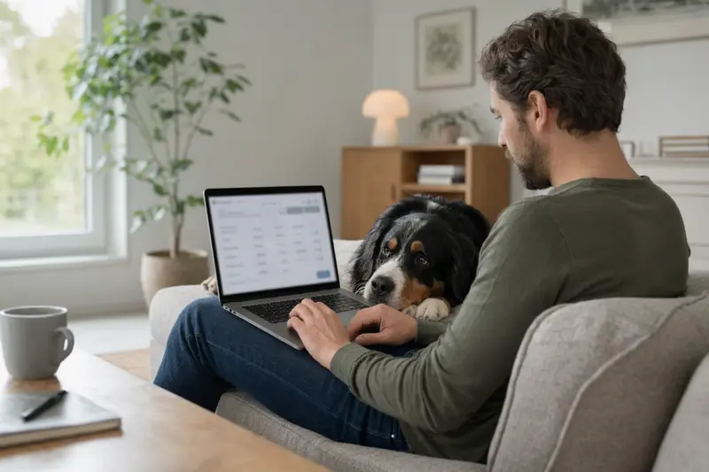 Ein Besitzer sitzt mit Laptop auf dem Sofa neben seinem Berner Sennenhund und vergleicht Versicherungen.