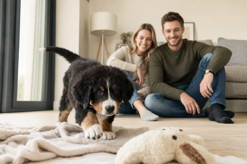 Ein neugieriger Berner Sennenhund Welpe erkundet sein neues Zuhause mit einer weichen Decke und Spielzeug im Hintergrund.
