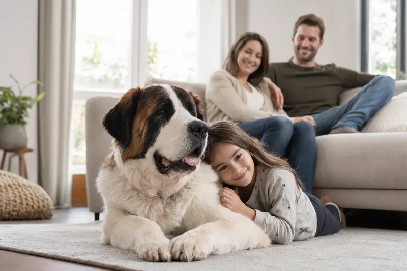 Ein entspannter Bernhardiner Hund liegt neben einem Kind in einem hellen Wohnzimmer.