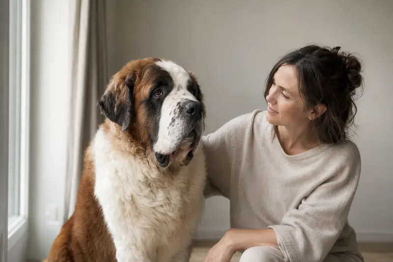 Ein aufmerksamer Bernhardiner Hund steht in natürlicher Haltung vor hellem Hintergrund.