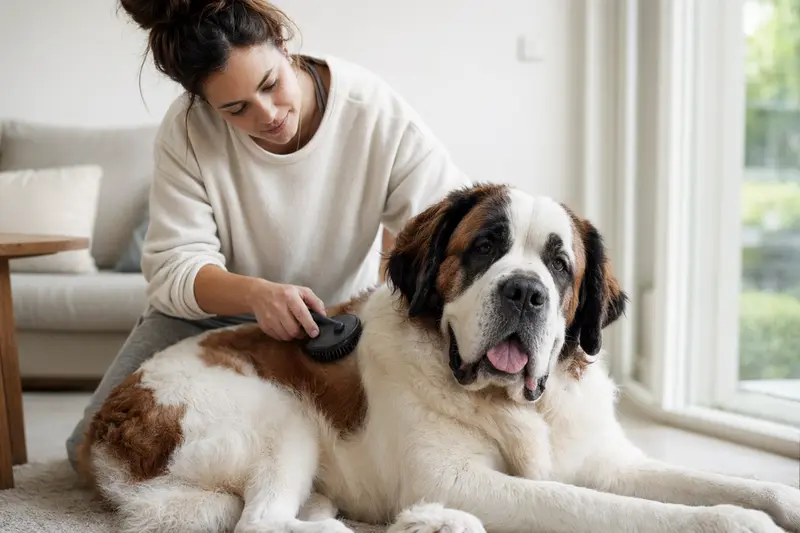 Ein Bernhardiner wird in einer hellen Wohnung sanft von seinem Besitzer gebürstet, als Ausdruck liebevoller Fellpflege und verantwortungsvoller Hundegesundheit.