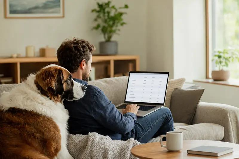 Ein Hundebesitzer sitzt mit einem Bernhardiner auf dem Sofa und vergleicht Versicherungen auf seinem Laptop.