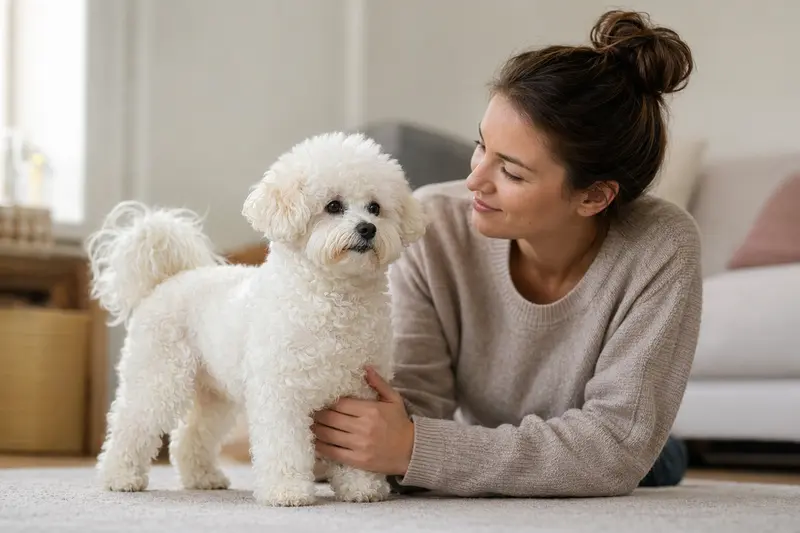 Ein schöner Bichon Frisé steht aufmerksam vor einem neutralen Hintergrund und zeigt seine typische Körperform.