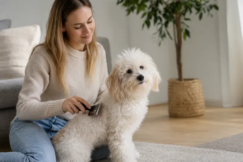 Ein Besitzer bürstet sanft das Fell eines Bichon Frisé in einer hellen Wohnung.