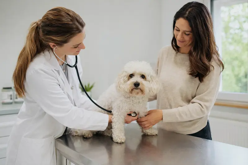 Ein Bichon Frisé Hund wird von einer Tierärztin behutsam mit einem Stethoskop in einer modernen Tierarztpraxis untersucht, während der Besitzer beruhigend daneben steht.