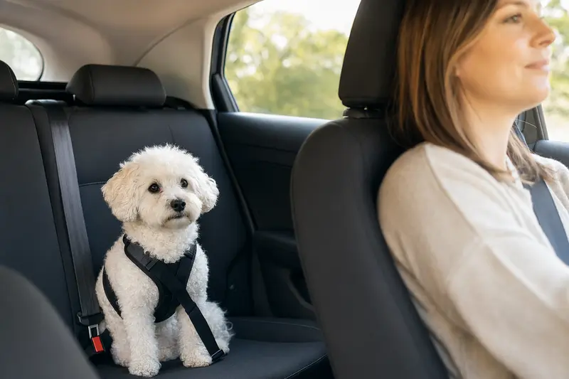 Ein Bichon Frisé sitzt sicher angeschnallt auf der Rückbank eines Autos, während der Besitzer fährt.