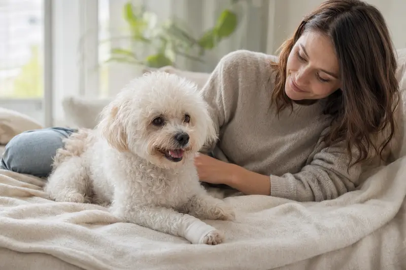 Ein Bichon Frisé mit leichtem Verband liegt entspannt auf einer Decke neben seinem erleichterten Besitzer in einer hellen Wohnung.