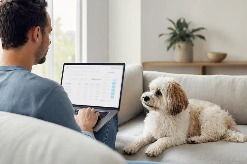 Ein Hundehalter arbeitet am Laptop auf dem Sofa, während der Bichon Frisé entspannt daneben liegt und eine neutrale Versicherungsvergleichsseite im Hintergrund angezeigt wird.