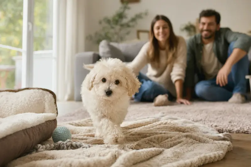 Ein neugieriger Bichon Frisé Welpe erkundet sein neues Zuhause auf einer weichen Decke, während eine liebevolle Familie im Hintergrund zu sehen ist.