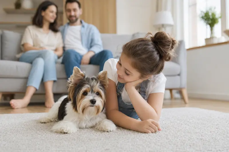 Ein Biewer Terrier entspannt neben einem Kind in einem lichtdurchfluteten Wohnzimmer.