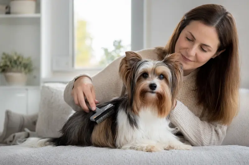 Ein Biewer Terrier wird in einer hellen Wohnung sanft gebürstet, während der Besitzer sich liebevoll um die Fellpflege kümmert.
