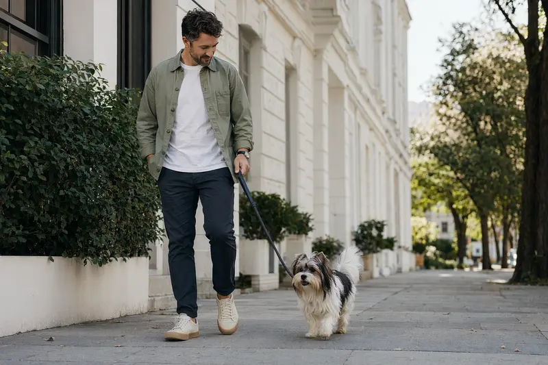Ein Biewer Terrier läuft an der Leine mit seinem Besitzer durch eine freundliche moderne Stadtstraße.
