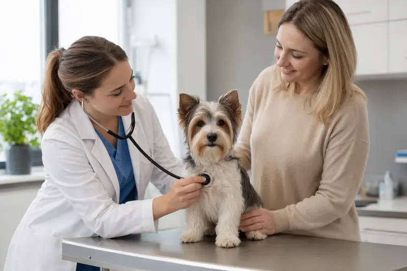 Ruhiger Biewer Terrier auf einem Untersuchungstisch, während eine Tierärztin ihn mit einem Stethoskop untersucht, Besitzer steht beruhigend daneben.