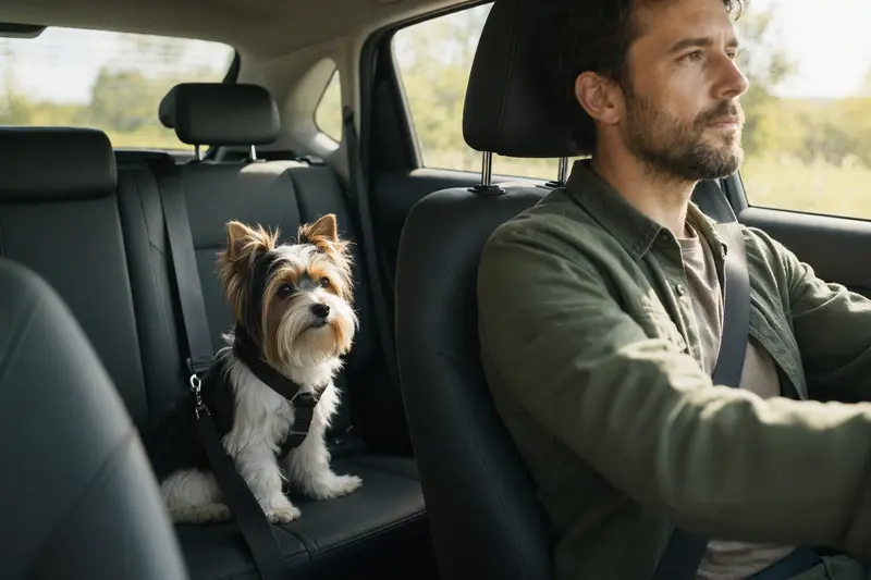 Ein Biewer Terrier sitzt sicher angeschnallt auf der Rückbank eines Autos, während der Besitzer fährt.