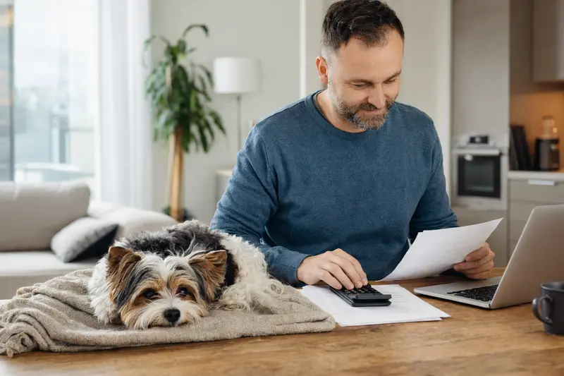 Ein Hundebesitzer sitzt mit einer Tierarztrechnung am Tisch, während ein entspannter Biewer Terrier auf einer Decke daneben liegt und eine ruhige, lösungsorientierte Situation zur Hundekrankenversicherung vermittelt.