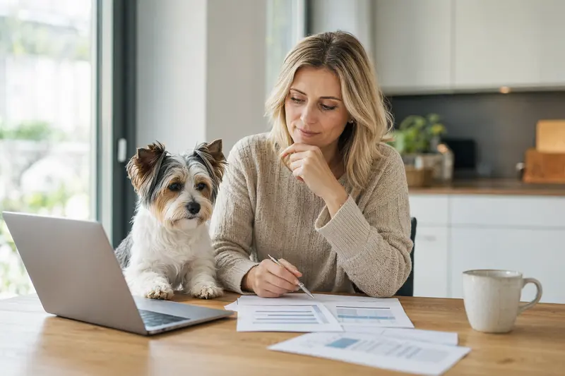 Ein Biewer Terrier sitzt ruhig neben seinem Besitzer am Küchentisch, während Versicherungsunterlagen und ein Laptop auf dem Tisch liegen.