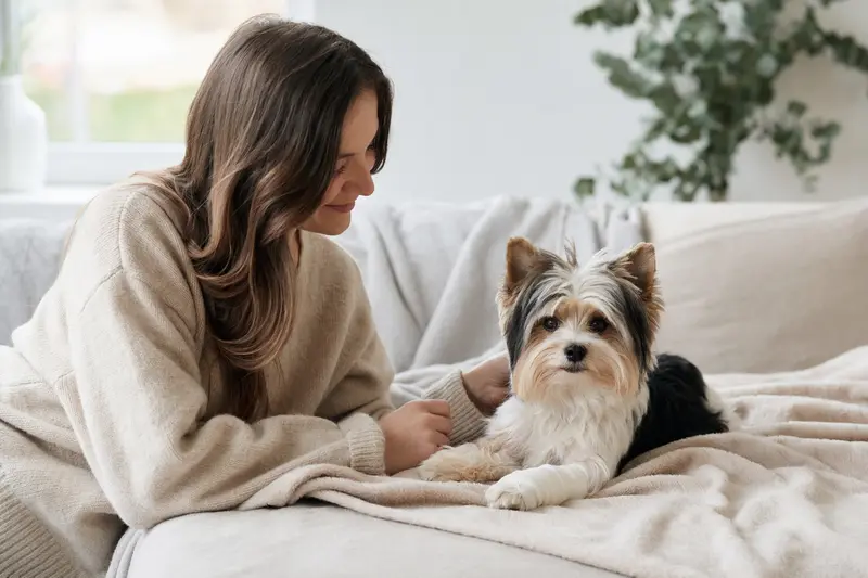 Ein Biewer Terrier mit Verband an der Pfote liegt ruhig auf einer Decke neben seinem erleichterten Besitzer.