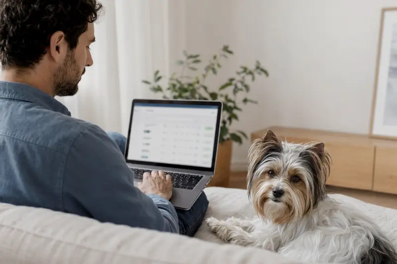 Ein Besitzer sitzt entspannt auf dem Sofa mit seinem Biewer Terrier und arbeitet am Laptop für einen Versicherungsvergleich.