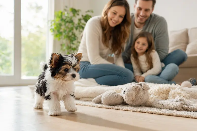 Ein neugieriger Biewer Terrier Welpe erkundet sein neues Zuhause mit Spielzeug und einer liebevollen Familie im Hintergrund.