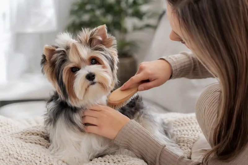 Ein Biewer Yorkshire a la Pom-Pon Hund wird liebevoll von seinem Besitzer in einer hellen Wohnung gebürstet.