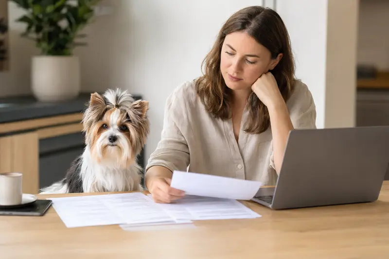 Ein Biewer Yorkshire a la Pom-Pon Hund sitzt neben seinem Besitzer am Küchentisch, während Versicherungsunterlagen und ein Laptop auf dem Tisch liegen.