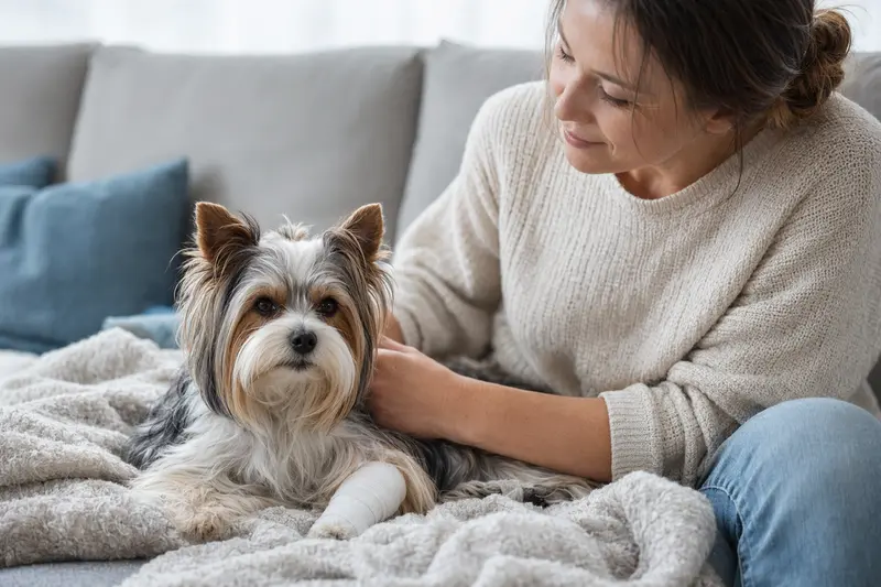 Ein Biewer Yorkshire a la Pom-Pon Hund mit Verband an der Pfote liegt ruhig auf einer Decke, während sein erleichterter Besitzer neben ihm sitzt.