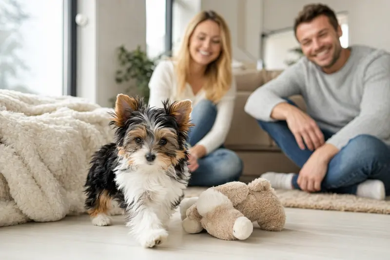 Ein junger Biewer Yorkshire a la Pom-Pon Welpe erkundet neugierig sein neues Zuhause mit weicher Decke und Spielzeug.