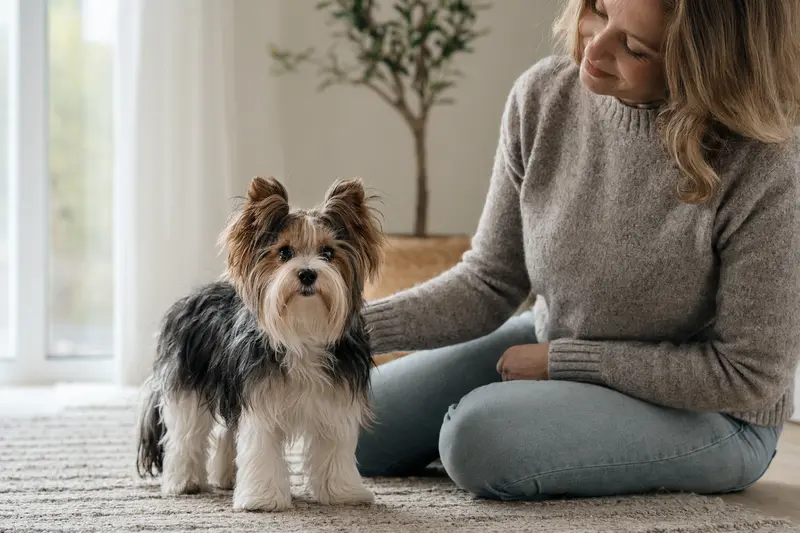 Ein Biewer Yorkshire Terrier steht aufmerksam in natürlicher Haltung vor hellem neutralem Hintergrund.