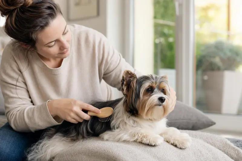 Ein Biewer Yorkshire Terrier wird zuhause sanft gebürstet, während sein Besitzer liebevoll die Fellpflege übernimmt.