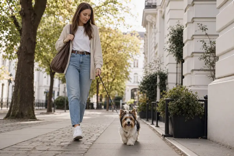 Ein Biewer Yorkshire Terrier läuft an der Leine mit seinem Besitzer durch eine moderne Stadtstraße.